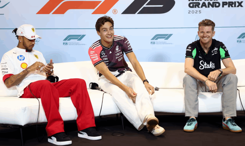 Lewis Hamilton, George Russel i Nico Hulkenberg na konferencji przed GP Miami