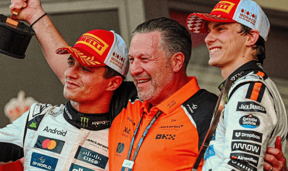 Lando Norris, Zac Brown, Oscar Piastri na podbium podczas Monaco GP 2025
